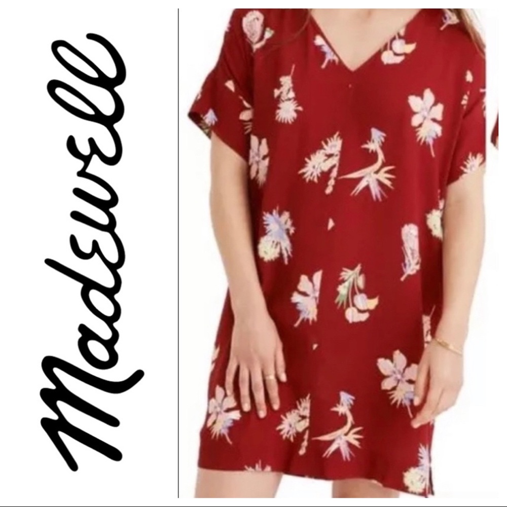 Madewell Red Floral V-Neck Shift Dress